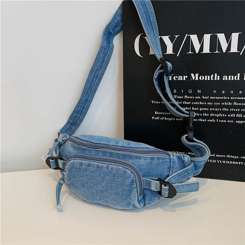 Geantă crossbody din denim, stil urban, primăvara 2025, fermoar, buzunar pentru telefon