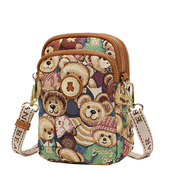 Little Bear Attachment Канвас вертикална квадратна чанта за през рамо за телефон с цип, джоб за мобилен телефон, полиестерна подплата