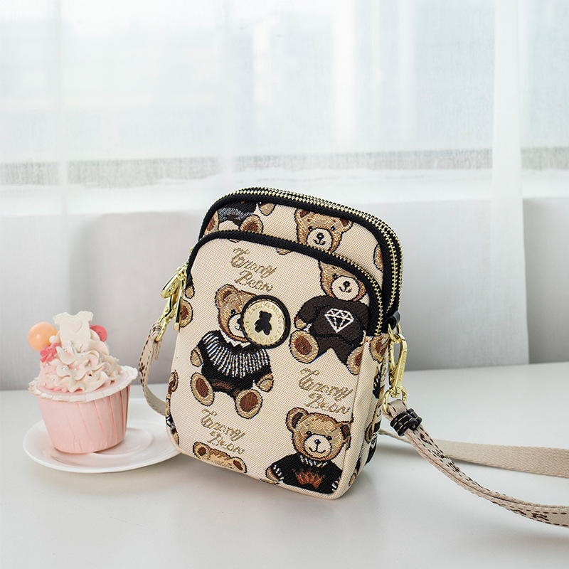 Little Bear Attachment Канвас вертикална квадратна чанта за през рамо за телефон с цип, джоб за мобилен телефон, полиестерна подплата