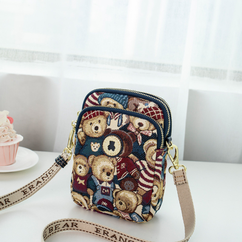 Little Bear Attachment Канвас вертикална квадратна чанта за през рамо за телефон с цип, джоб за мобилен телефон, полиестерна подплата
