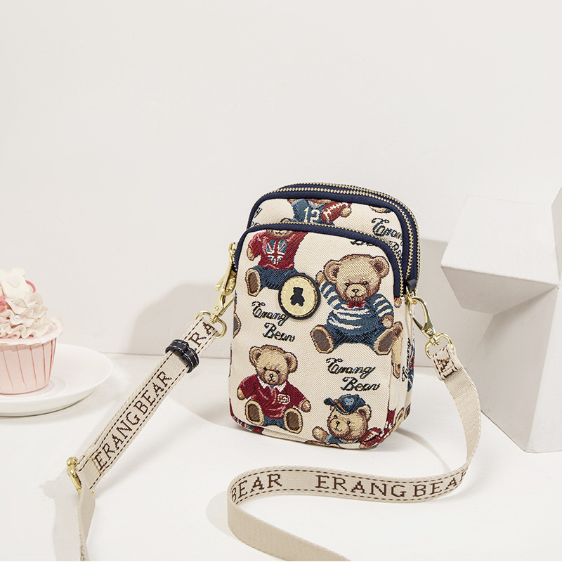 Little Bear Attachment Канвас вертикална квадратна чанта за през рамо за телефон с цип, джоб за мобилен телефон, полиестерна подплата