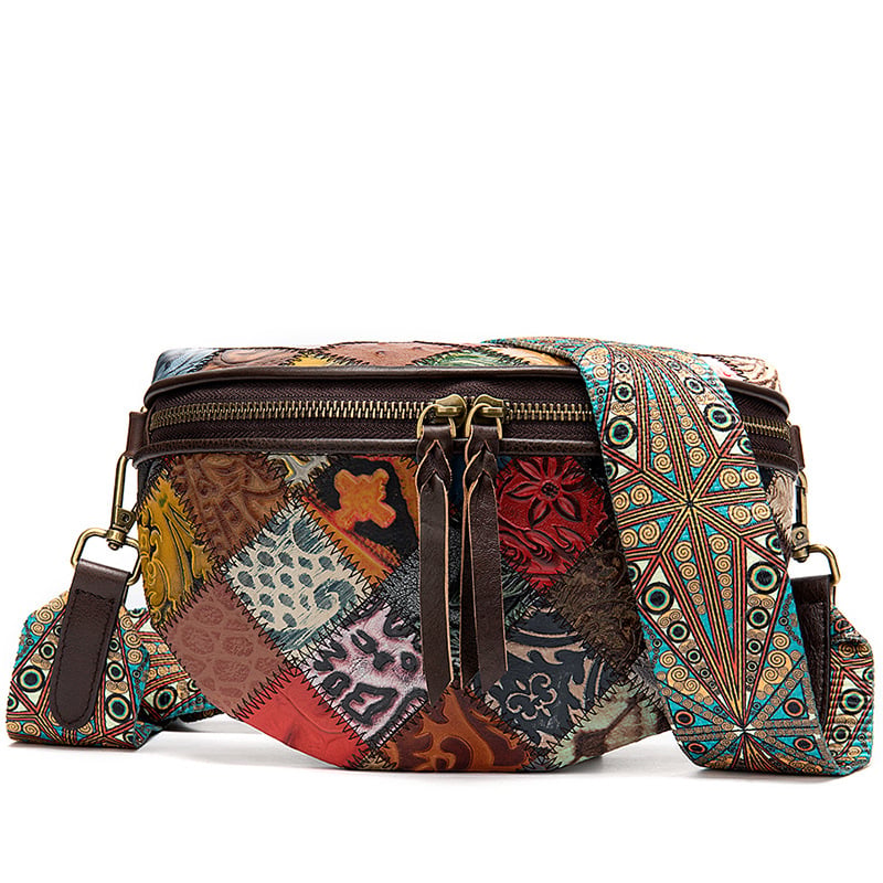Geantă crossbody în formă de scoică, piele de vită din primul strat, stil național literatură și artă, închidere cu fermoar, căptușeală de înaltă calitate