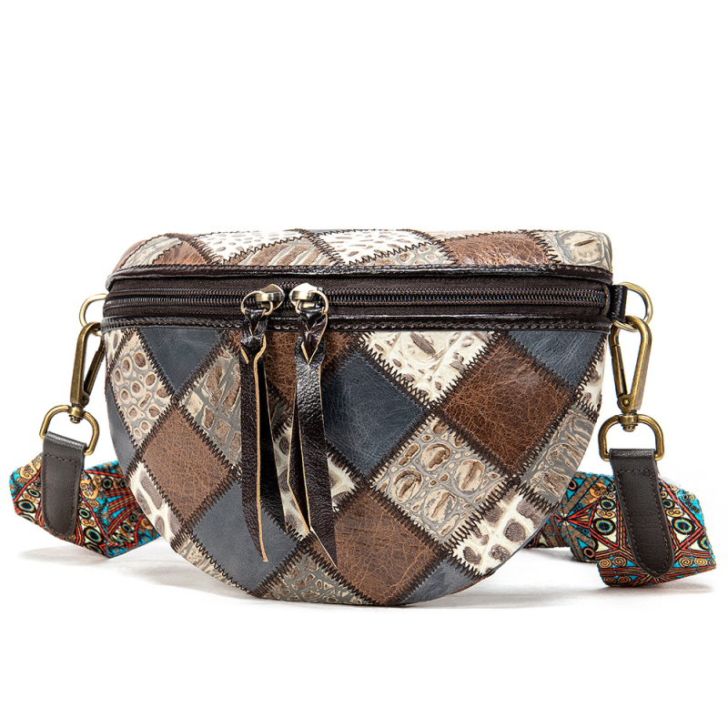 Geantă crossbody în formă de scoică, piele de vită din primul strat, stil național literatură și artă, închidere cu fermoar, căptușeală de înaltă calitate