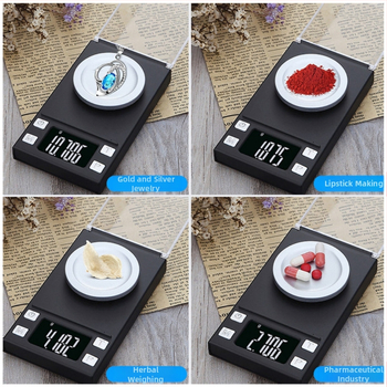 Mažas elektroninės juvelyrinių papuošalų svarstyklės, aukšta tikslumas 0.001 g, modelis 118; svėrimo diapazonai 20 g/0.001 g, 50 g/0.001 g, 100 g/0.001 g; elektroninis matavimo metodas; maitinamas dviem AAA baterijomis.