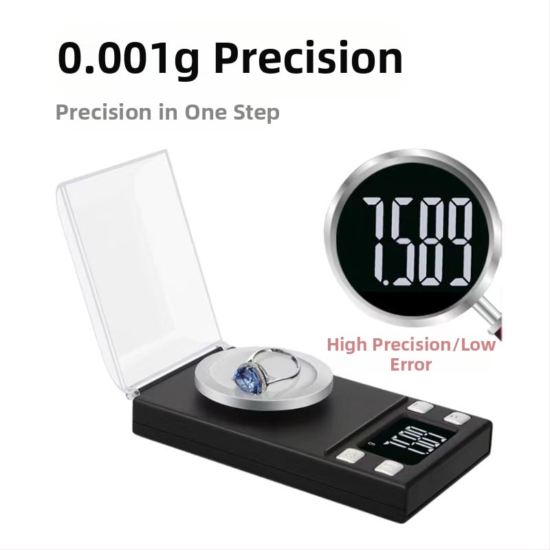 Mažas elektroninės juvelyrinių papuošalų svarstyklės, aukšta tikslumas 0.001 g, modelis 118; svėrimo diapazonai 20 g/0.001 g, 50 g/0.001 g, 100 g/0.001 g; elektroninis matavimo metodas; maitinamas dviem AAA baterijomis.