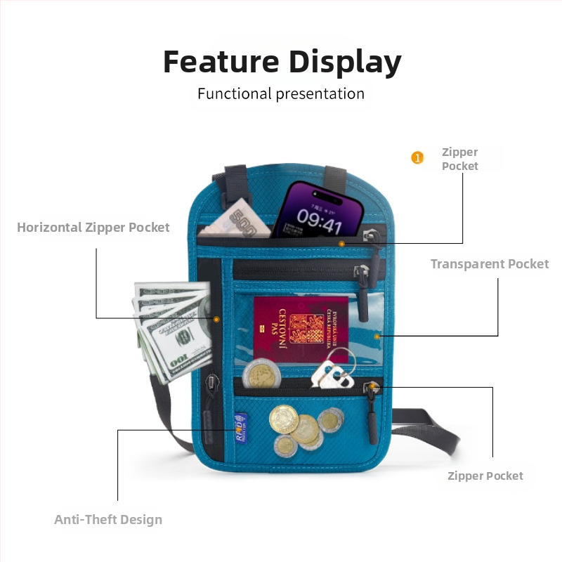 Feijin RFID kaklo dirželis pasų ir dokumentų dėklas – nailonas, vandeniui atsparus, antibakterinis, unisex