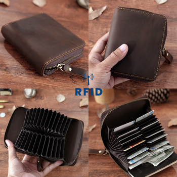 RFID apsaugos kortelių dėklas, 24 kortelių talpa, harmonikos stiliaus organizatorius iš pirmojo sluoksnio karvų odos, nailono pamušalas, universalus