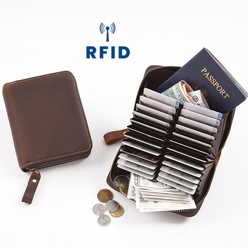 RFID apsaugos kortelių dėklas, 24 kortelių talpa, harmonikos stiliaus organizatorius iš pirmojo sluoksnio karvų odos, nailono pamušalas, universalus