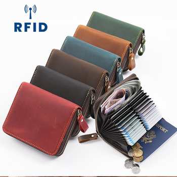 RFID apsaugos kortelių dėklas, 24 kortelių talpa, harmonikos stiliaus organizatorius iš pirmojo sluoksnio karvų odos, nailono pamušalas, universalus