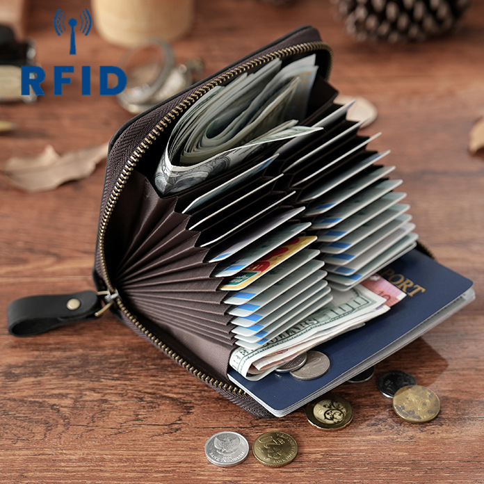 RFID bloķējošs kartes turētājs, 24 kartēm, harmonikas stila organizētājs no pirmās klases ādas, neilona oderējums, universāls