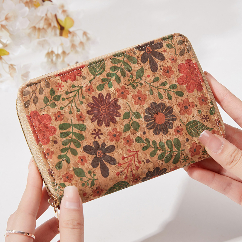 Női rövid pénztárca és kártyatartó, virágmintás, fa erezetes PU bőrrel, 1 hajtás, irodalmi-művészeti nemzeti stílus, vízálló és kopásálló
