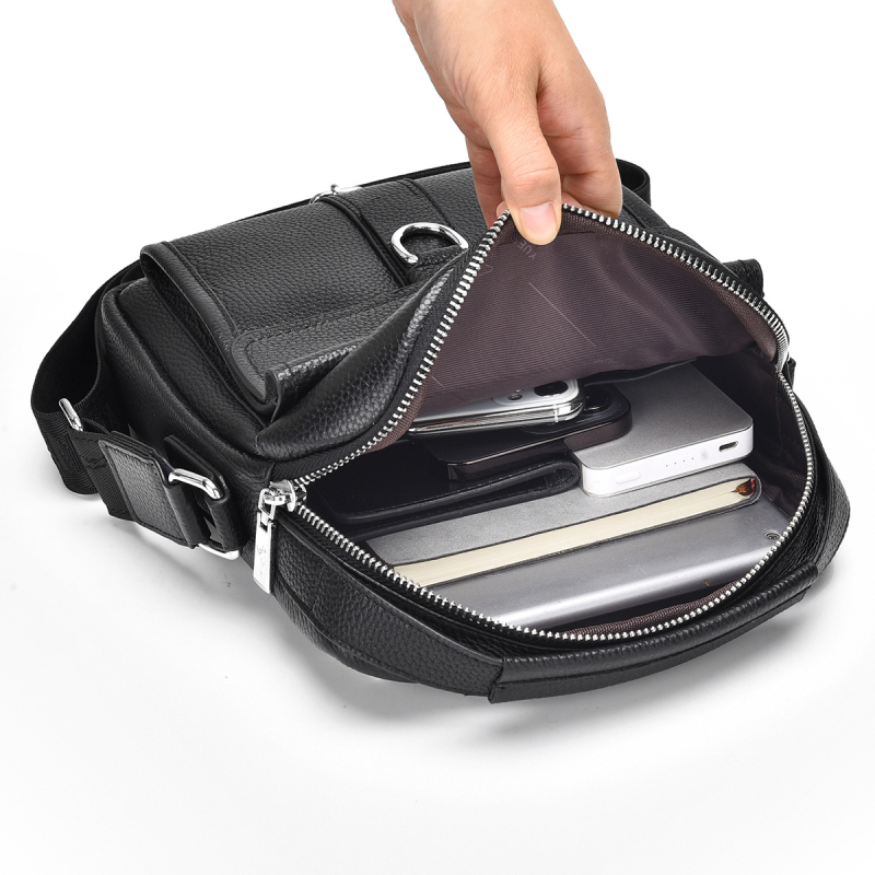 Férfi válltáska valódi bőrből, első réteg marhabőrből, kopásálló, poliészter bélés