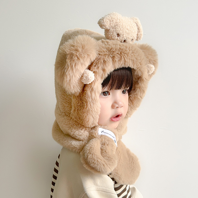 Plīša bērnu cepure ziemai 2024, kupolveida augšdaļa, plaša mala, kakla un ausu aizsardzība, jautrs animācijas stils