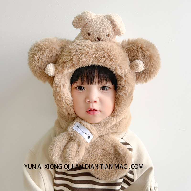 Plīša bērnu cepure ziemai 2024, kupolveida augšdaļa, plaša mala, kakla un ausu aizsardzība, jautrs animācijas stils