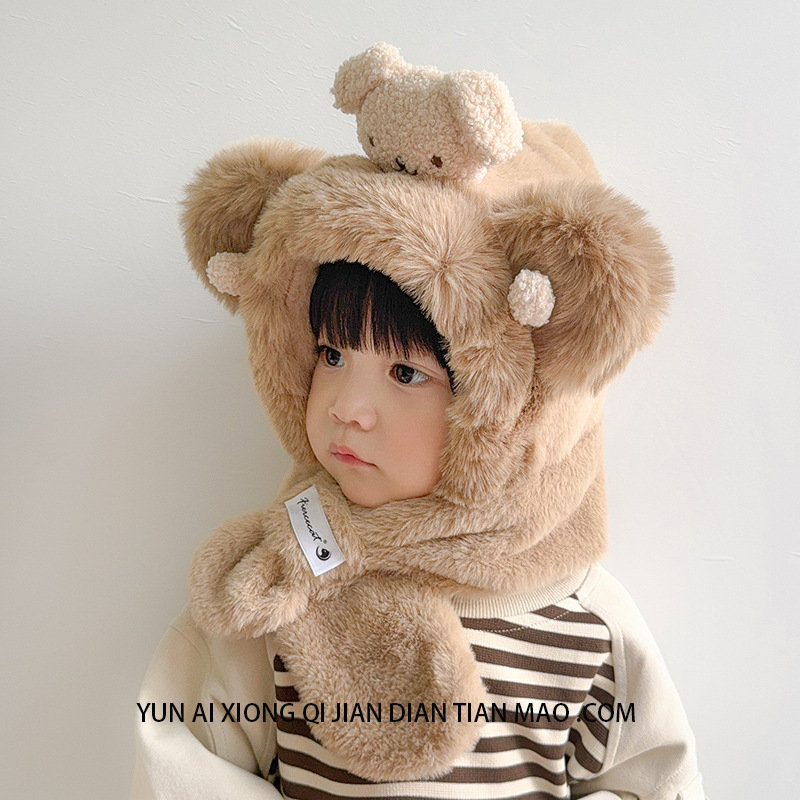 Plīša bērnu cepure ziemai 2024, kupolveida augšdaļa, plaša mala, kakla un ausu aizsardzība, jautrs animācijas stils
