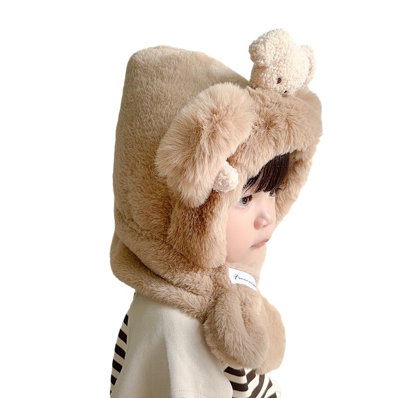 Plīša bērnu cepure ziemai 2024, kupolveida augšdaļa, plaša mala, kakla un ausu aizsardzība, jautrs animācijas stils