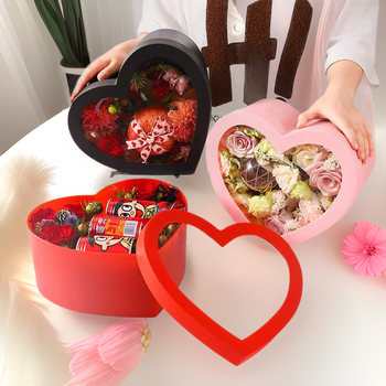 Širdies formos gėlių dovanos dėžutė su dviem skyreliais ir skaidriu langu, iš plastiko, su šilumos įspaudu, tolerancija ±5 mm