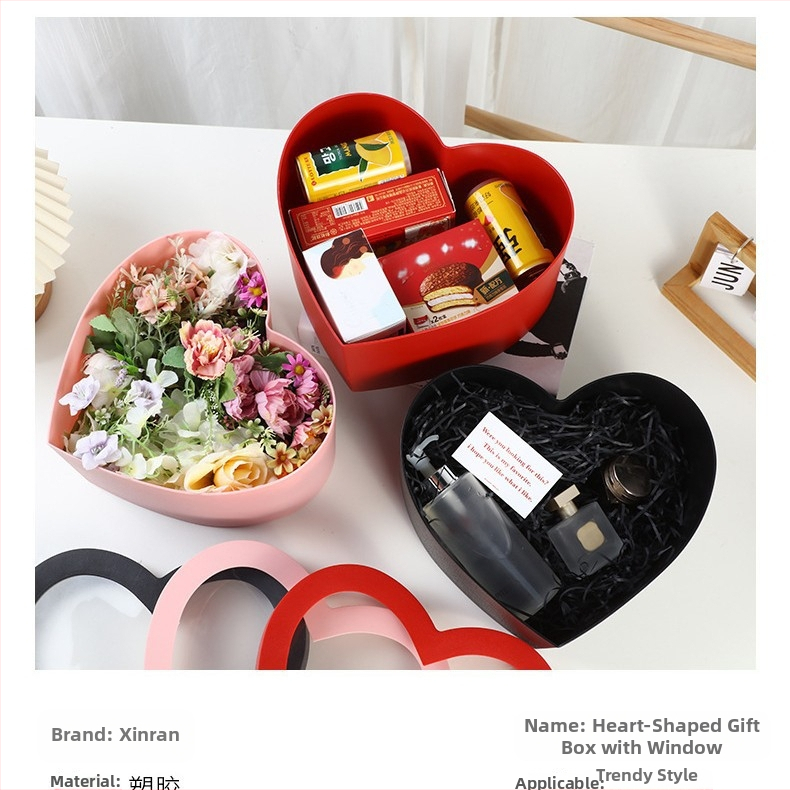 Сърцевидна кутия за цветя с две отделения и прозрачен прозорец, пластмасова, с горещо щамповане, толеранс ±5 мм