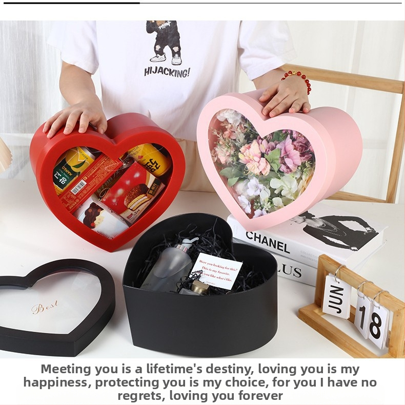 Сърцевидна кутия за цветя с две отделения и прозрачен прозорец, пластмасова, с горещо щамповане, толеранс ±5 мм