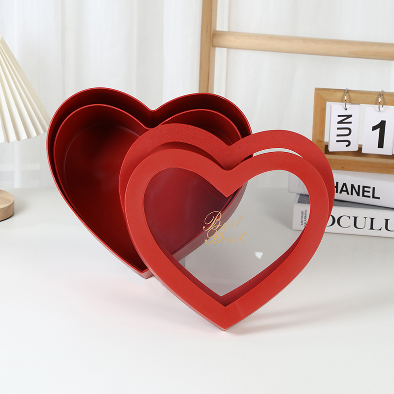 Širdies formos gėlių dovanos dėžutė su dviem skyreliais ir skaidriu langu, iš plastiko, su šilumos įspaudu, tolerancija ±5 mm