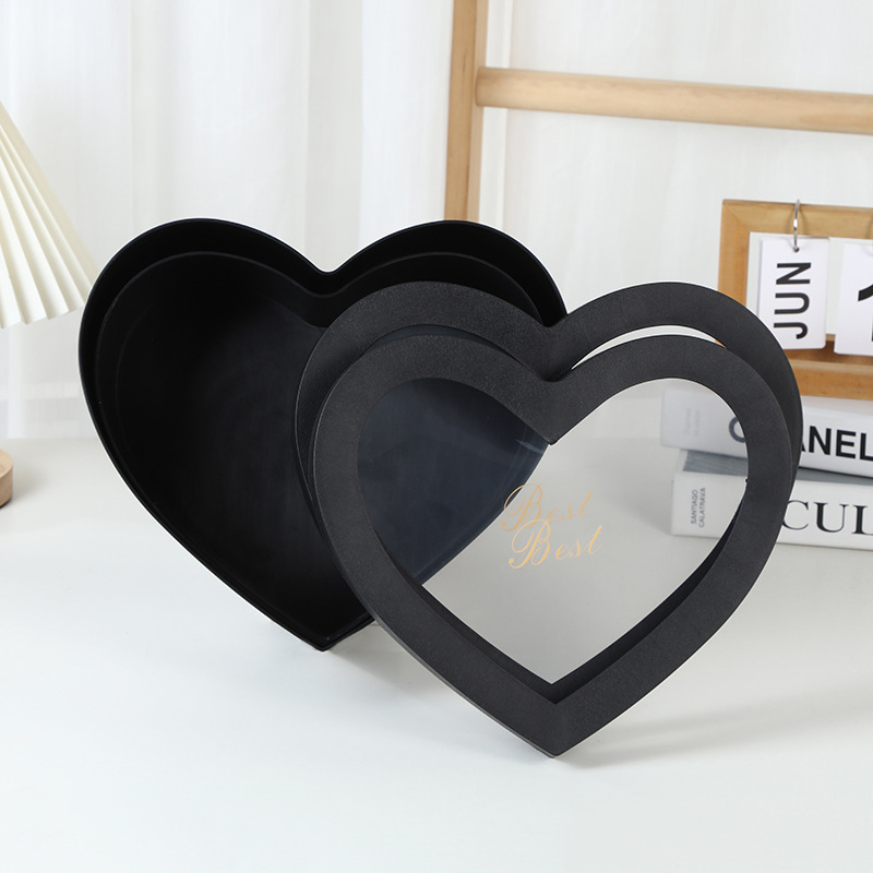 Širdies formos gėlių dovanos dėžutė su dviem skyreliais ir skaidriu langu, iš plastiko, su šilumos įspaudu, tolerancija ±5 mm