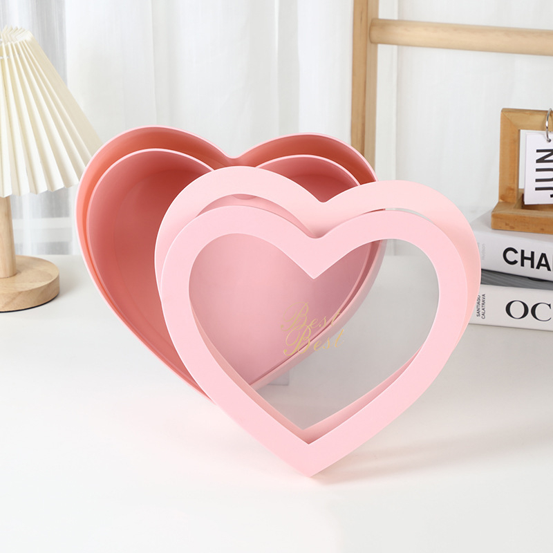 Širdies formos gėlių dovanos dėžutė su dviem skyreliais ir skaidriu langu, iš plastiko, su šilumos įspaudu, tolerancija ±5 mm