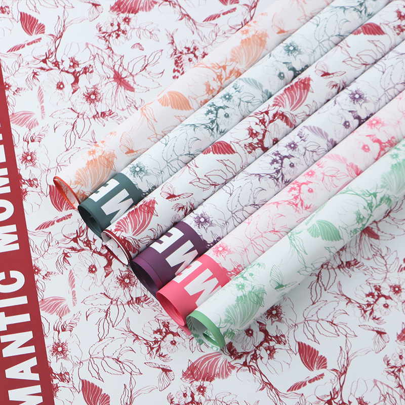 Gėlių įvyniojimo popierius, drugelių puokštės raštas, BOPP medžiaga, 20 lapų pakuotėje