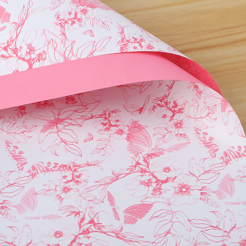 Gėlių įvyniojimo popierius, drugelių puokštės raštas, BOPP medžiaga, 20 lapų pakuotėje