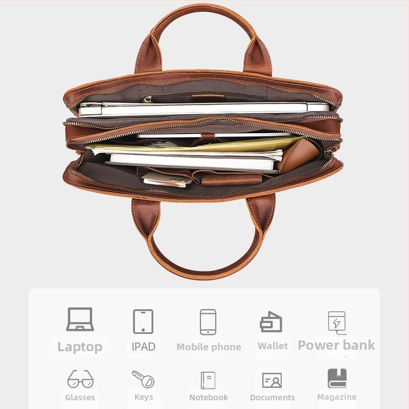 Vyrinė rankinė - natūrali oda, horizontali biuro rankinė, tinkama 15,6 colio nešiojamam, užtrauktuko užraktas, vidinės kišenės nešiojamam, telefonui ir ID