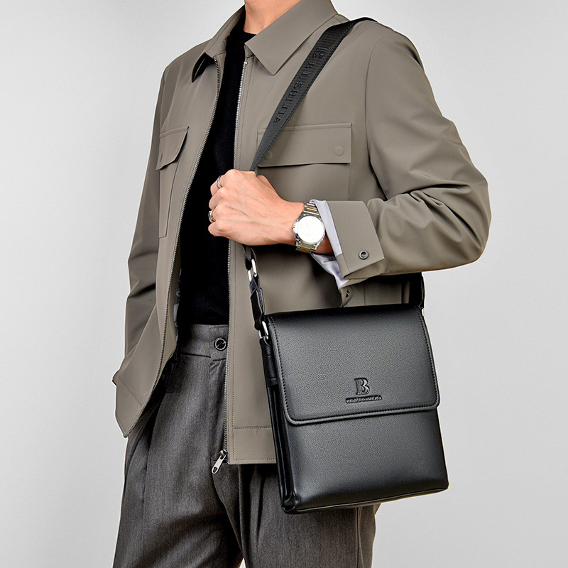 Мъжка чанта през рамо, PU кожа, бизнес стил, водоустойчива и износоустойчива, подплата от полиестер