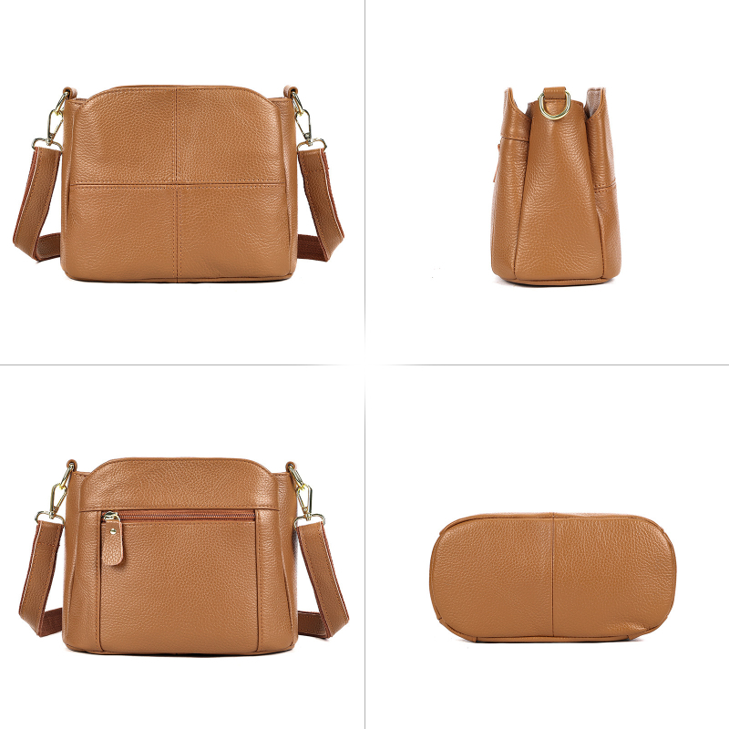 Női oldaltáska valódi bőrből, első réteg marhabőrből, bucket stílus, vízszintes négyzet alak, cipzáras zárás