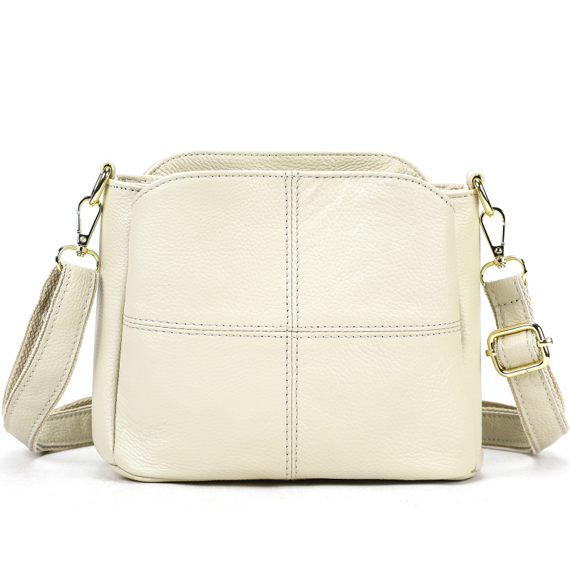 Női oldaltáska valódi bőrből, első réteg marhabőrből, bucket stílus, vízszintes négyzet alak, cipzáras zárás