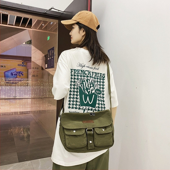 Платнена чанта през рамо за ученици, ретро стил, кръстосана чанта, хоризонтално квадратна форма, цип