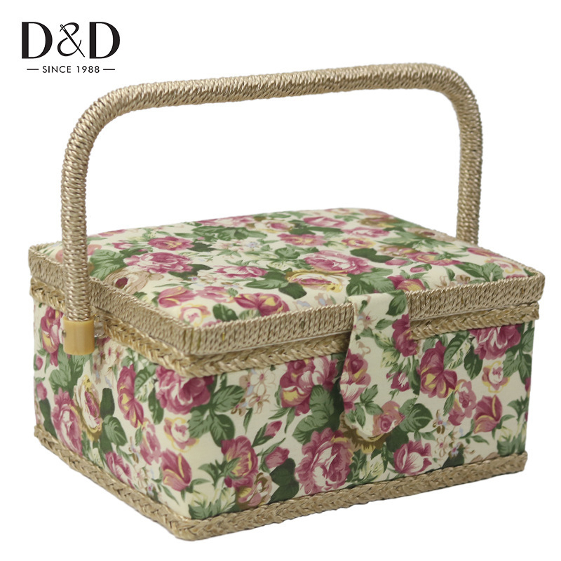D&D Платнена кутия за шиене, европейски стил с розов принт, комплект от 8 кутии за шиене, шевна чанта в стил C за домашна употреба