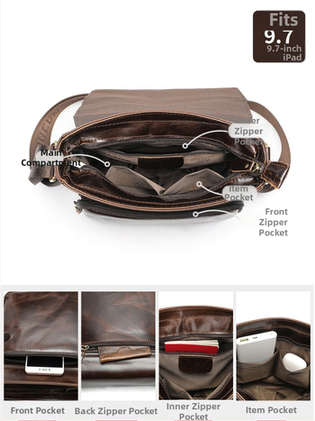 NIUCUNZH Мъжка чанта през рамо от горен слой телешка кожа — уличен стил, естествена кожа, издръжлива и разширяваща се, едноцветен модел