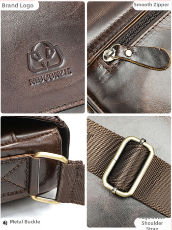 NIUCUNZH Мъжка чанта през рамо от горен слой телешка кожа — уличен стил, естествена кожа, издръжлива и разширяваща се, едноцветен модел