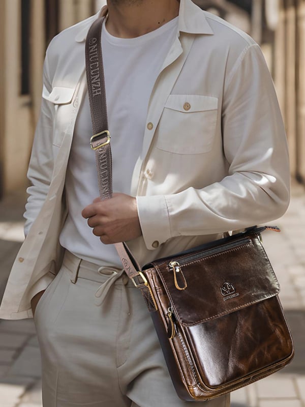 NIUCUNZH Geantă Crossbody pentru Bărbați din Piele Naturală – Piele de Top Layer, Stil Stradal, Rezistentă la Uzură și Extensibilă, Model Monocrom