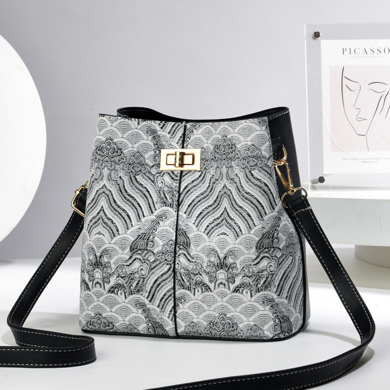 Női válltáska, bucket bag, vászon PU (függőleges négyszögletes forma; cipzár; PU anyag)