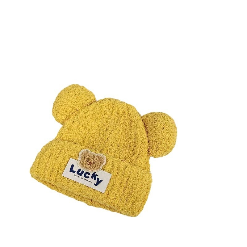 Bērnu adīta cepure ar lāčuka motīvu, 100% kokvilna, kupolveida augšdaļa, īss brims, saglabā siltumu un pasargā no vēja