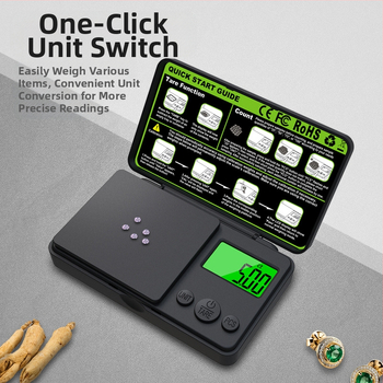 CHANGXIE CX-555 kišeninės svarstyklės su žaliu apšviestu ekranu, 1000 g talpa, 0,01 ct tikslumas.