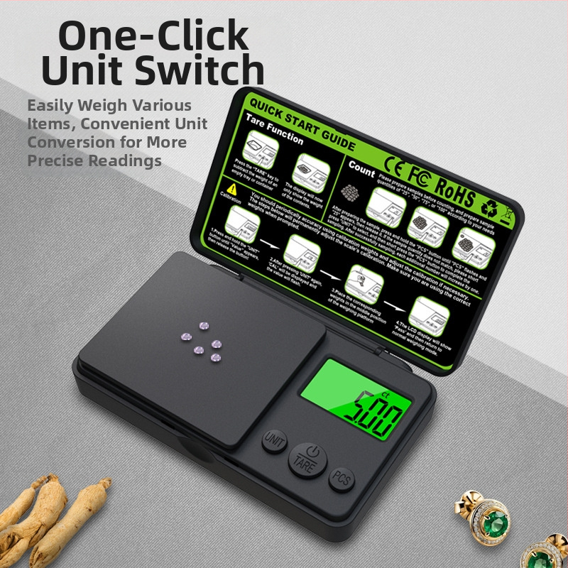 CHANGXIE CX-555 джобна везна със зелен подсветен дисплей, капацитет 1000 г, прецизност 0,01 карата.