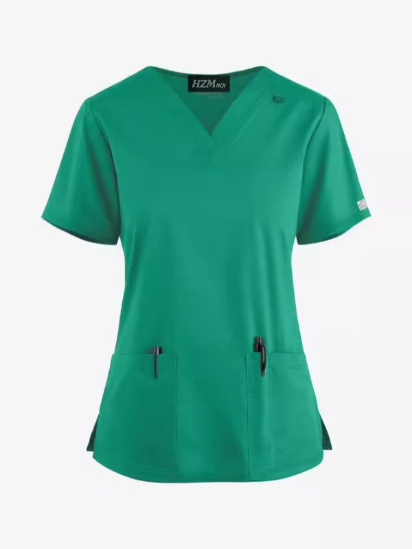 Dviejų dalių medicininis scrub komplektas: trumpomis rankovėmis viršus su V formos iškirpte ir kelnytės, poliesterio-elastano mišinio audinys, drėgmės valdymas, vasara/pavasaris/ruduo