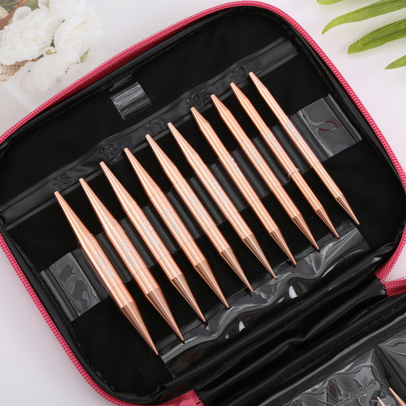 Leválasztható körkötő tűkészlet bőrtokkal, alumínium tűk, Qingfeng márka, minimalist stílus