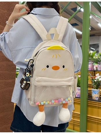 Rucsac cu rață de desene animate, stil urban minimalist, pânză, fermoar, căptușeală poliester, buzunar intern pentru ID