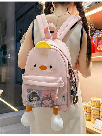 Rucsac cu rață de desene animate, stil urban minimalist, pânză, fermoar, căptușeală poliester, buzunar intern pentru ID
