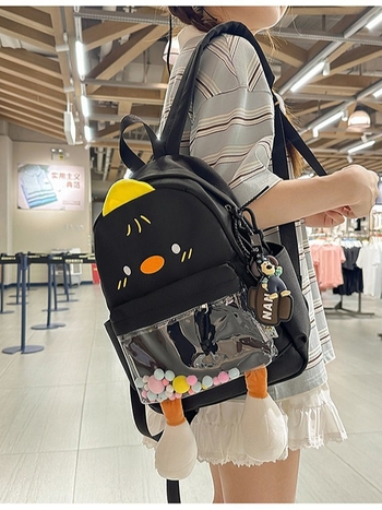 Rucsac cu rață de desene animate, stil urban minimalist, pânză, fermoar, căptușeală poliester, buzunar intern pentru ID