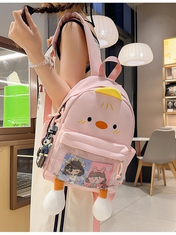 Rucsac cu rață de desene animate, stil urban minimalist, pânză, fermoar, căptușeală poliester, buzunar intern pentru ID