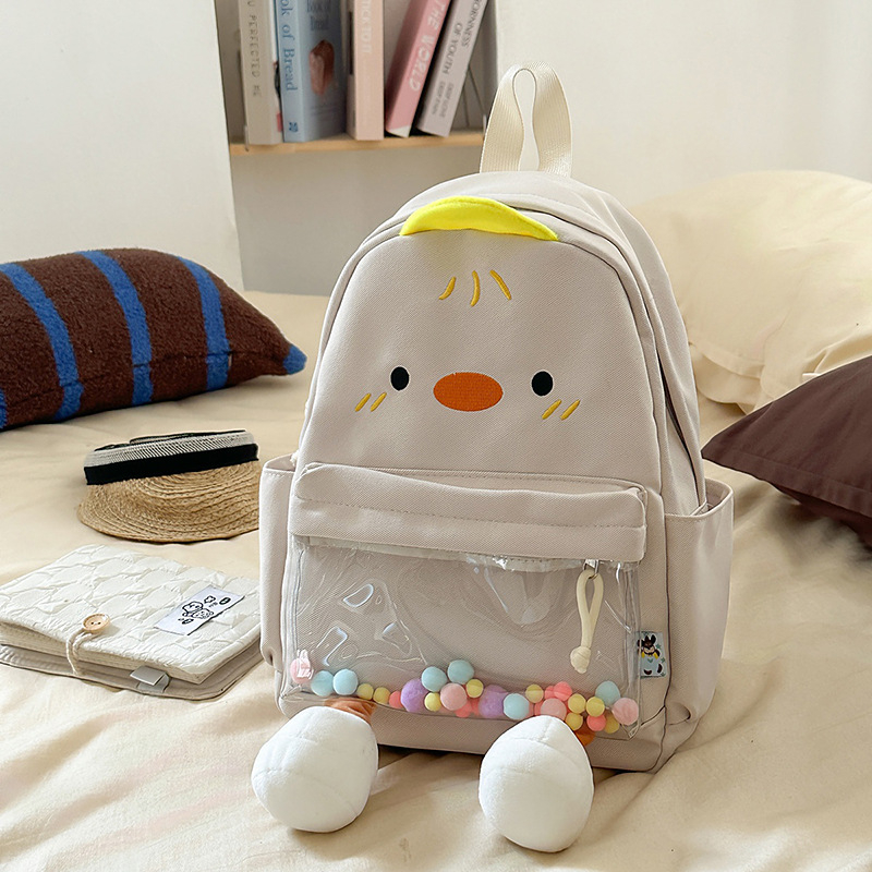 Rucsac cu rață de desene animate, stil urban minimalist, pânză, fermoar, căptușeală poliester, buzunar intern pentru ID