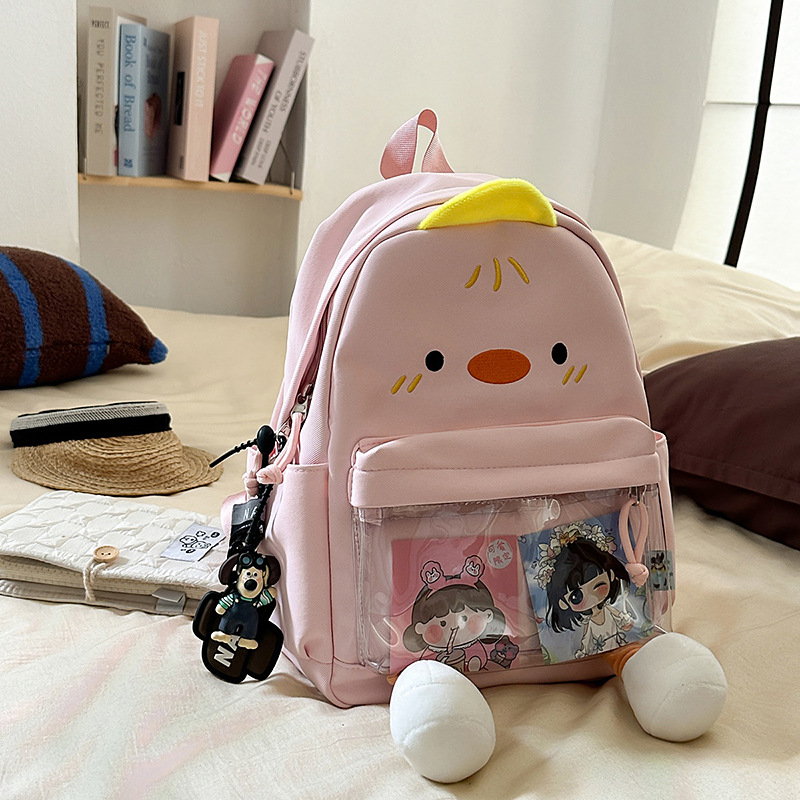 Rucsac cu rață de desene animate, stil urban minimalist, pânză, fermoar, căptușeală poliester, buzunar intern pentru ID