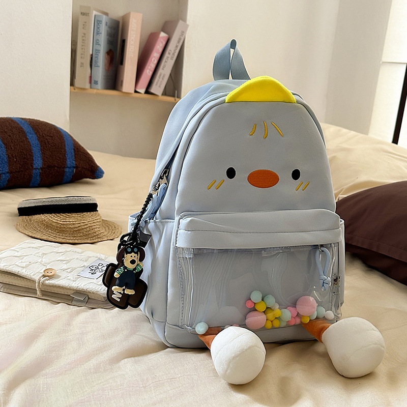 Rucsac cu rață de desene animate, stil urban minimalist, pânză, fermoar, căptușeală poliester, buzunar intern pentru ID
